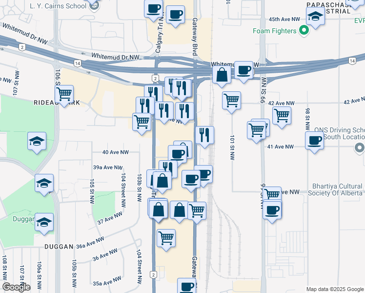 map of restaurants, bars, coffee shops, grocery stores, and more near 10310 G. A. MacDonald Avenue in Edmonton