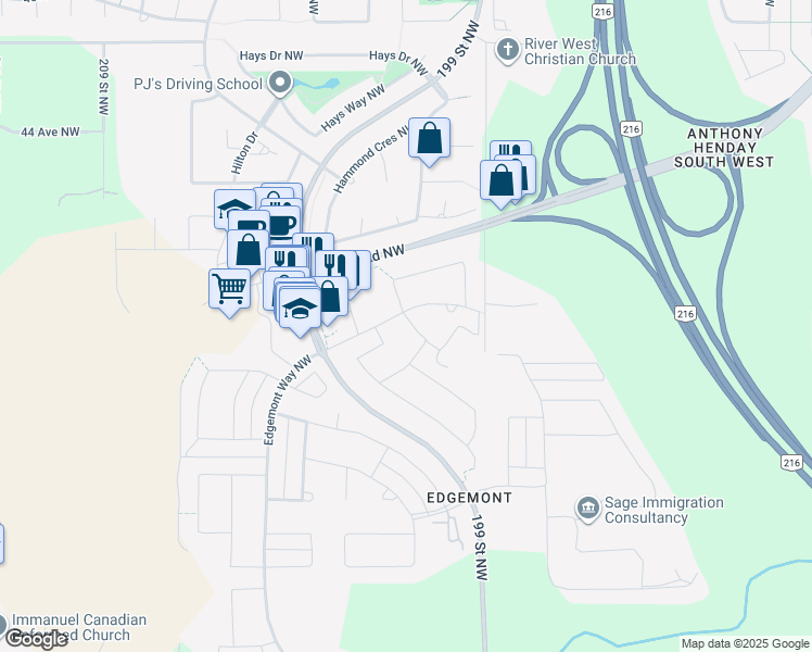 map of restaurants, bars, coffee shops, grocery stores, and more near 4050 199 Street Northwest in Edmonton