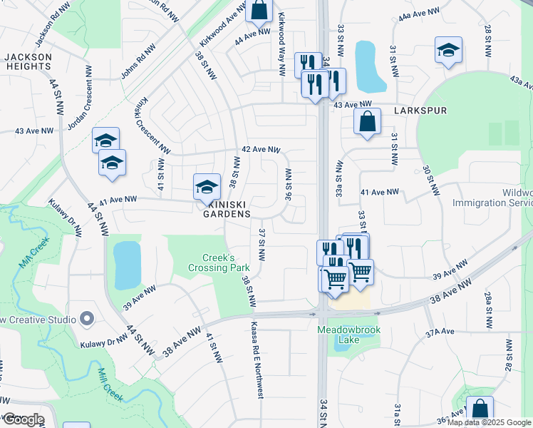 map of restaurants, bars, coffee shops, grocery stores, and more near 3612 41 Avenue Northwest in Edmonton
