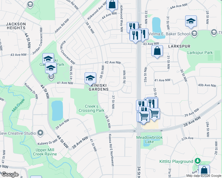 map of restaurants, bars, coffee shops, grocery stores, and more near 3612 41 Avenue Northwest in Edmonton