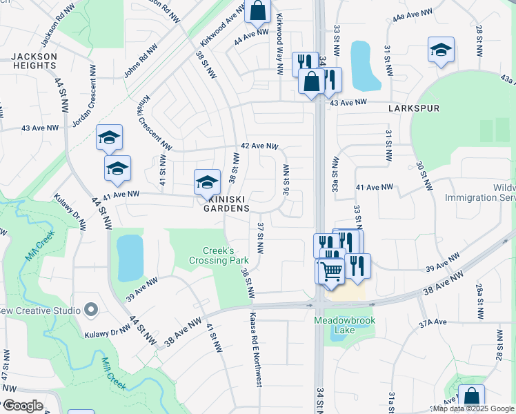 map of restaurants, bars, coffee shops, grocery stores, and more near 3612 41 Avenue Northwest in Edmonton