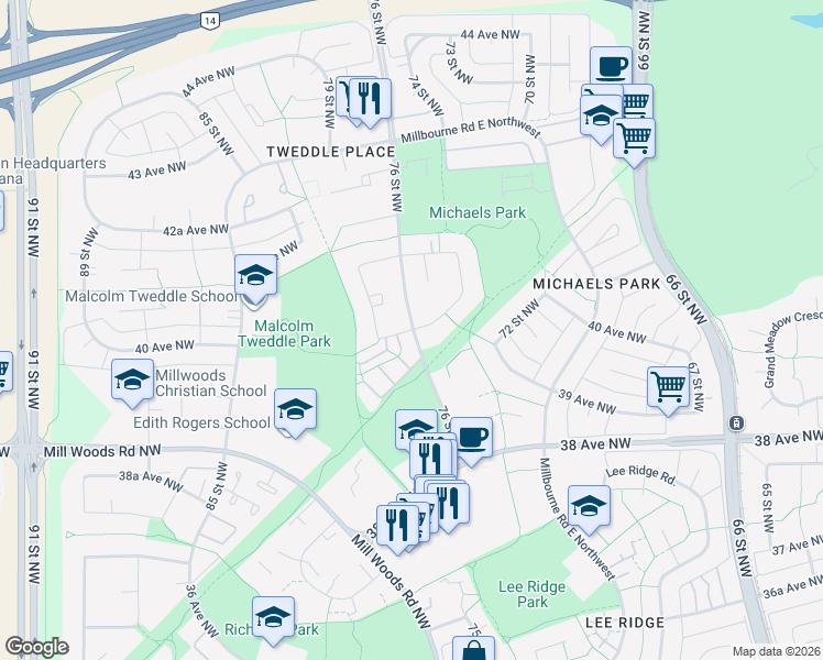 map of restaurants, bars, coffee shops, grocery stores, and more near 7605 40 Avenue Northwest in Edmonton