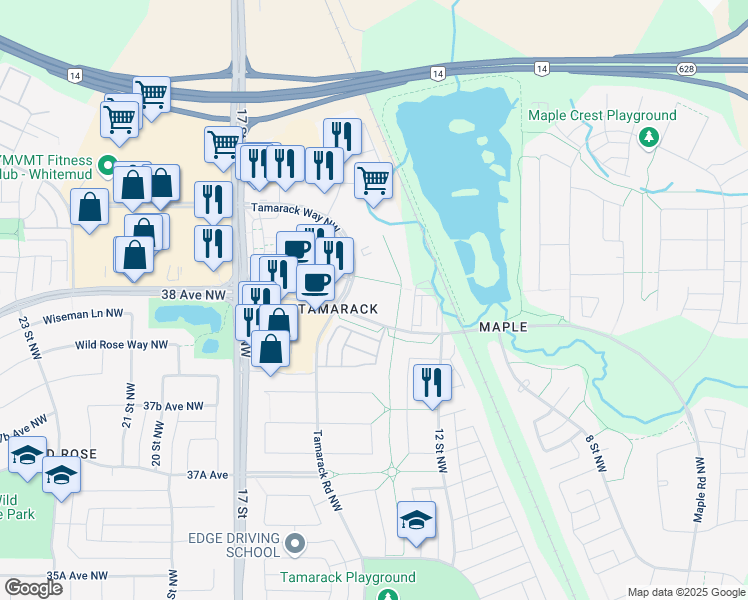 map of restaurants, bars, coffee shops, grocery stores, and more near 711 Tamarack Way Northwest in Edmonton