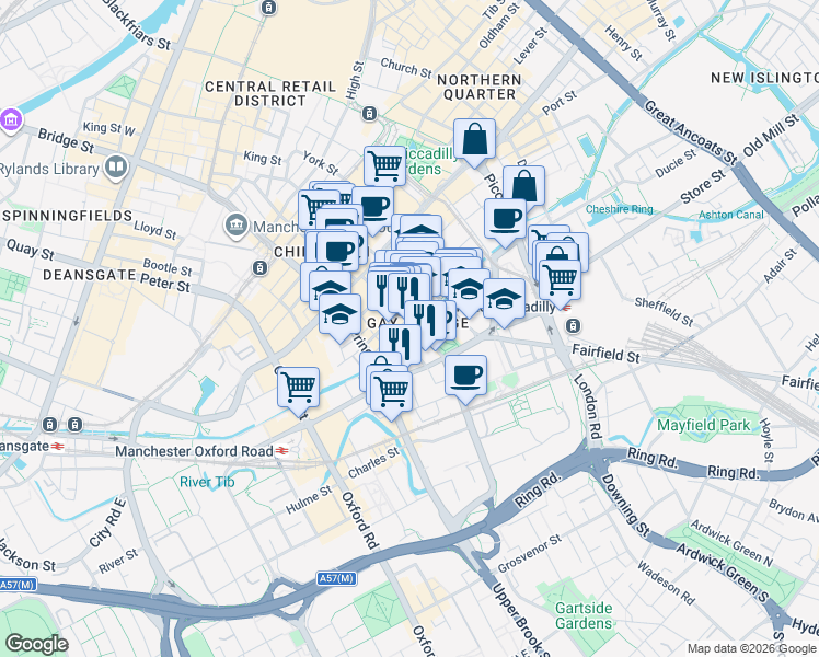 map of restaurants, bars, coffee shops, grocery stores, and more near 40 Sackville Street in Greater Manchester