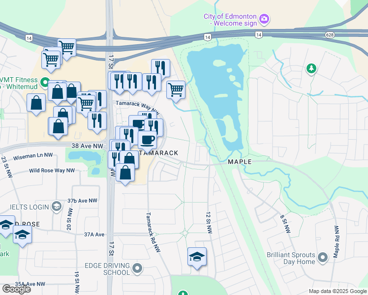 map of restaurants, bars, coffee shops, grocery stores, and more near 711 Tamarack Way Northwest in Edmonton