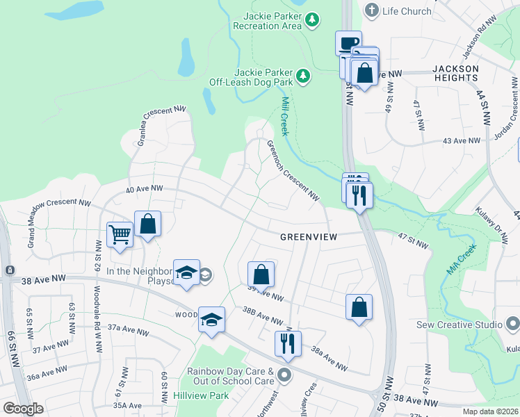 map of restaurants, bars, coffee shops, grocery stores, and more near 125 Greenoch Crescent Northwest in Edmonton
