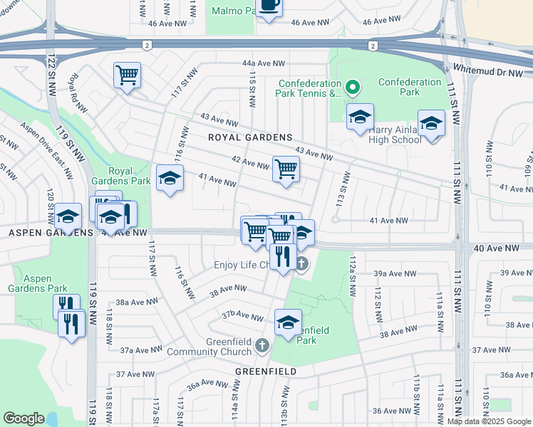map of restaurants, bars, coffee shops, grocery stores, and more near 11430 40 Avenue Northwest in Edmonton