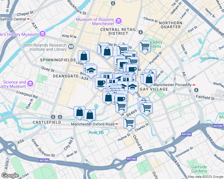 map of restaurants, bars, coffee shops, grocery stores, and more near 1 Oxford Street in Greater Manchester