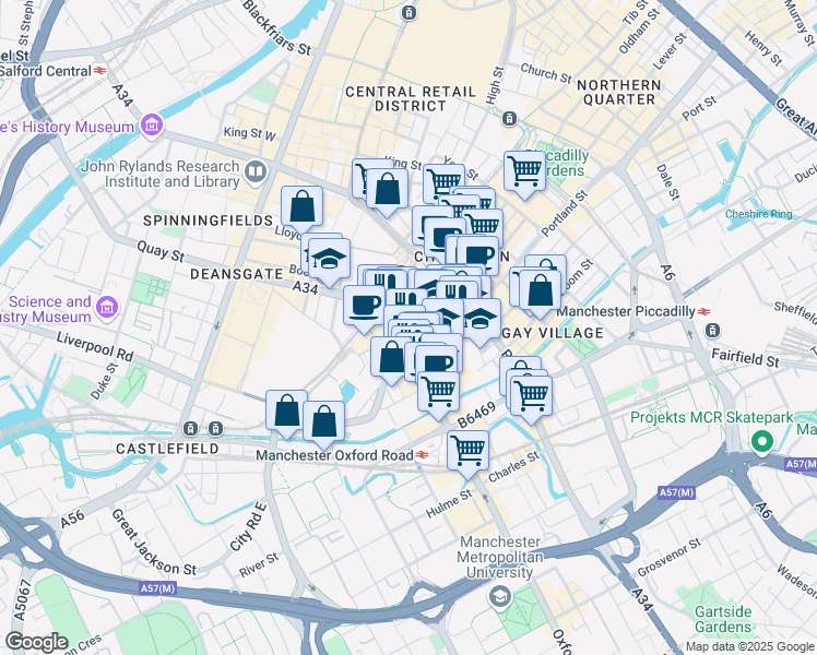 map of restaurants, bars, coffee shops, grocery stores, and more near 1 Oxford Street in Greater Manchester