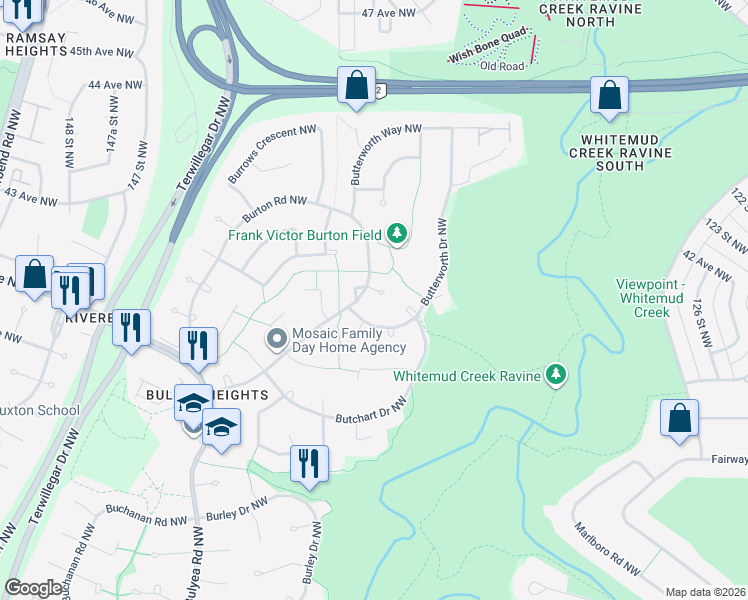 map of restaurants, bars, coffee shops, grocery stores, and more near 714 Butterworth Drive Northwest in Edmonton
