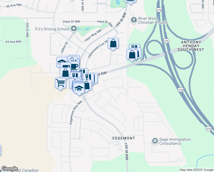map of restaurants, bars, coffee shops, grocery stores, and more near 4050 199 Street Northwest in Edmonton