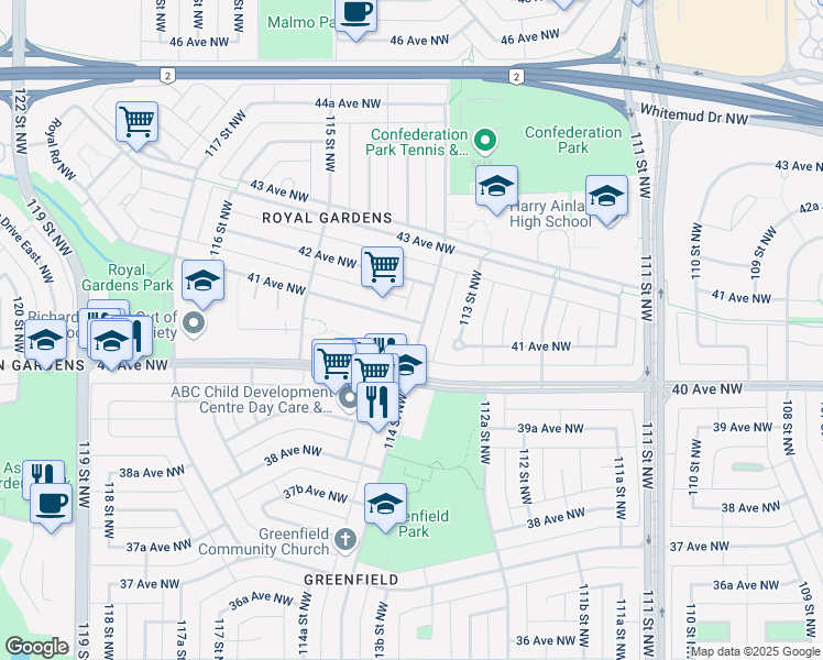 map of restaurants, bars, coffee shops, grocery stores, and more near 4024 114 Street Northwest in Edmonton