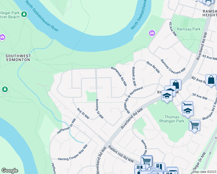 map of restaurants, bars, coffee shops, grocery stores, and more near 627 Romaniuk Road Northwest in Edmonton
