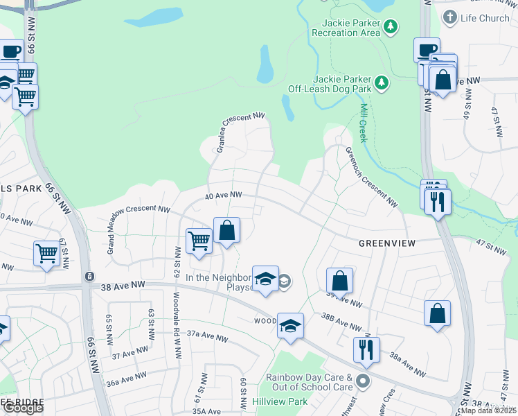 map of restaurants, bars, coffee shops, grocery stores, and more near 5947 40 Avenue Northwest in Edmonton
