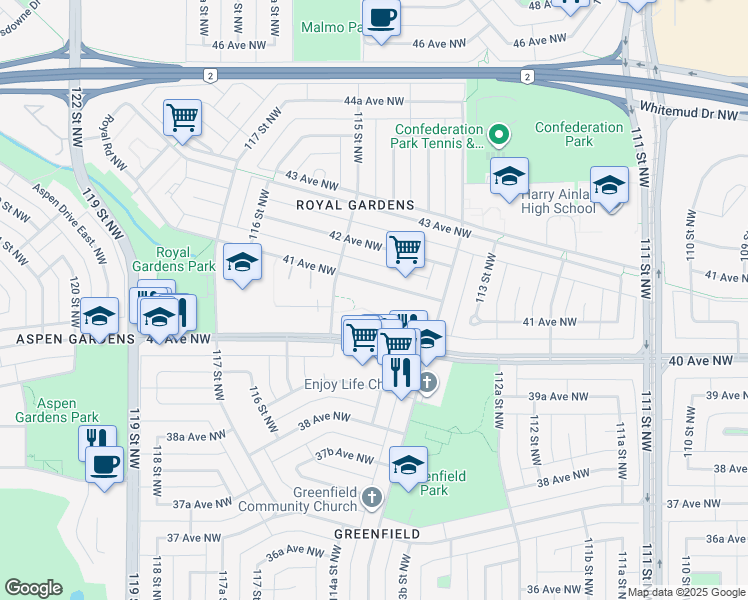 map of restaurants, bars, coffee shops, grocery stores, and more near 11456 41 Avenue Northwest in Edmonton