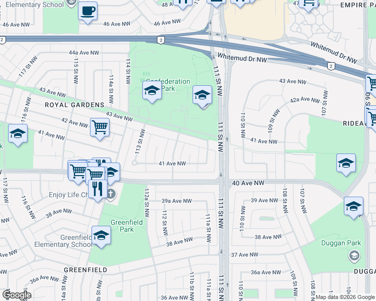 map of restaurants, bars, coffee shops, grocery stores, and more near 43 Avenue Northwest in Edmonton