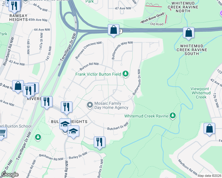 map of restaurants, bars, coffee shops, grocery stores, and more near 322 Burton Road Northwest in Edmonton