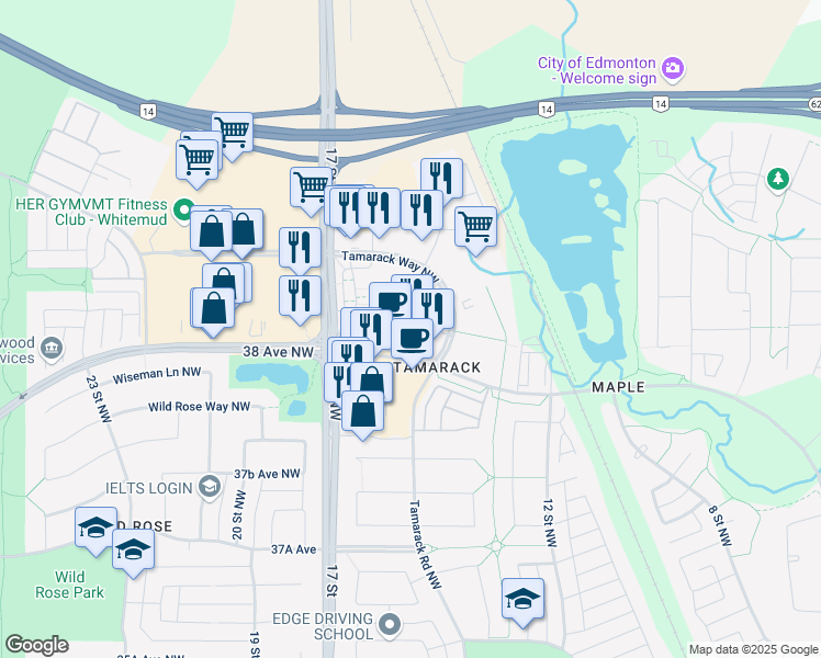 map of restaurants, bars, coffee shops, grocery stores, and more near 2381 Maple Road Northwest in Edmonton