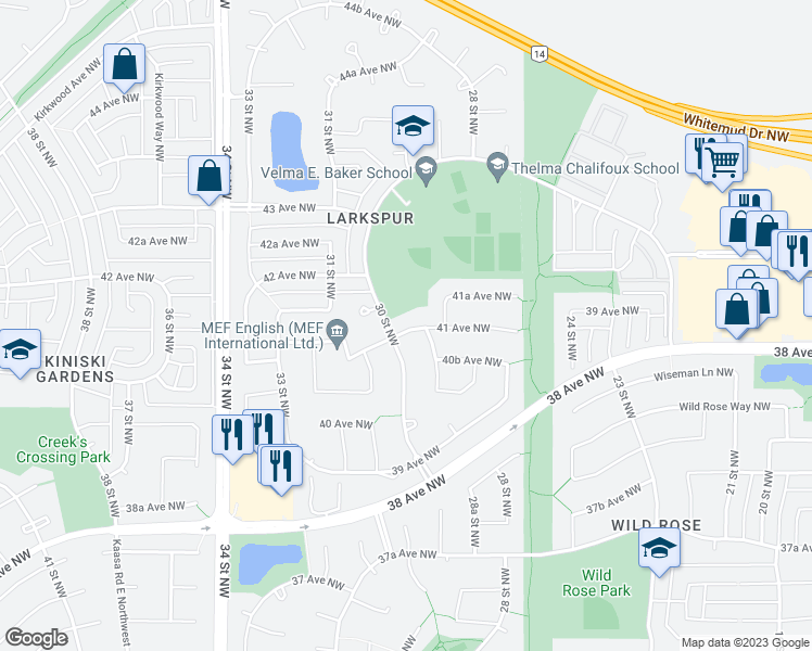 map of restaurants, bars, coffee shops, grocery stores, and more near 2940 41 Avenue Northwest in Edmonton