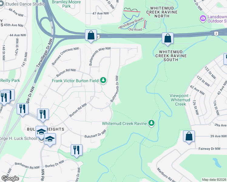 map of restaurants, bars, coffee shops, grocery stores, and more near 740 Butterworth Drive Northwest in Edmonton