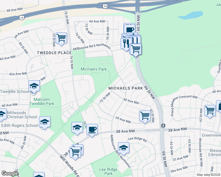 map of restaurants, bars, coffee shops, grocery stores, and more near 3948 40 Avenue Northwest in Edmonton