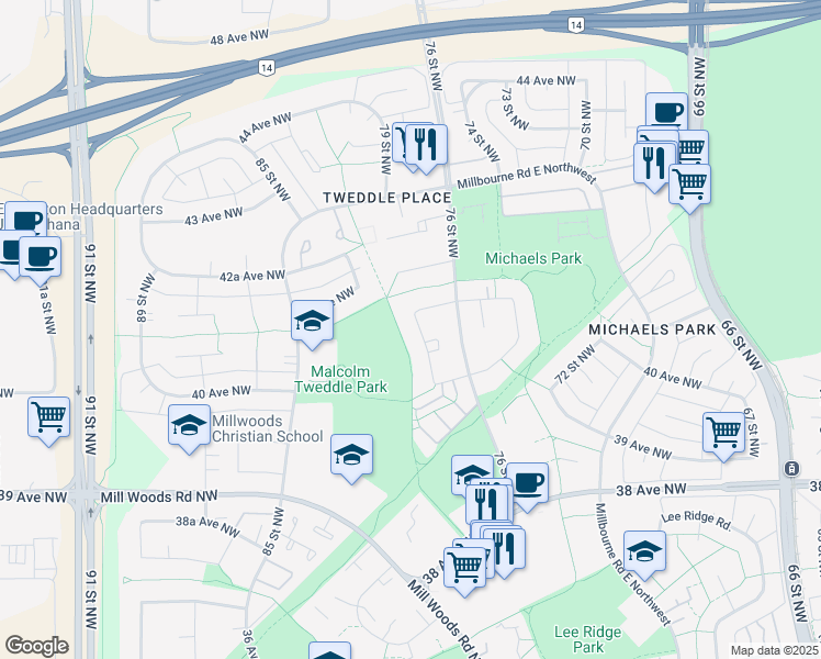 map of restaurants, bars, coffee shops, grocery stores, and more near 4040 77 Street Northwest in Edmonton