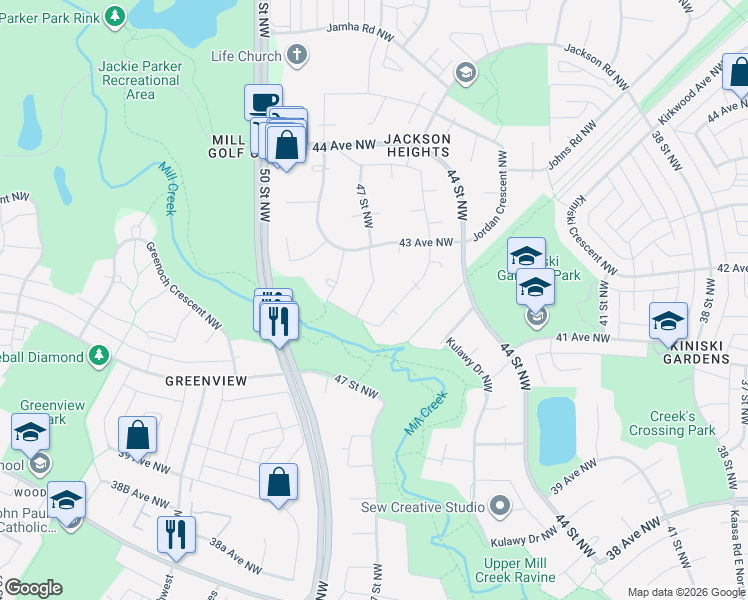 map of restaurants, bars, coffee shops, grocery stores, and more near 4211 47 Street Northwest in Edmonton