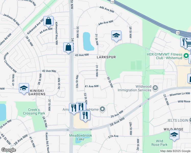 map of restaurants, bars, coffee shops, grocery stores, and more near 3106 41A Avenue Northwest in Edmonton