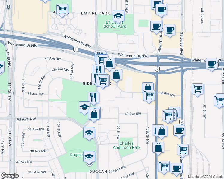 map of restaurants, bars, coffee shops, grocery stores, and more near 10511 42 Avenue Northwest in Edmonton