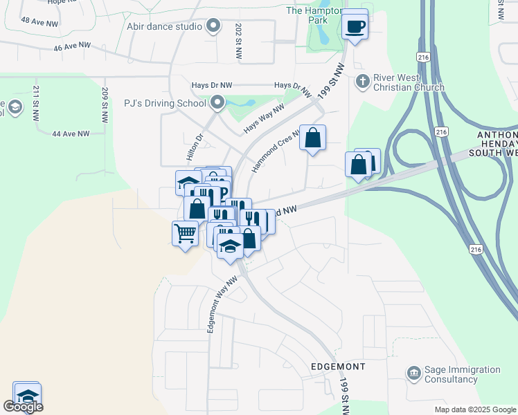 map of restaurants, bars, coffee shops, grocery stores, and more near 1689 Hammond Crescent Northwest in Edmonton