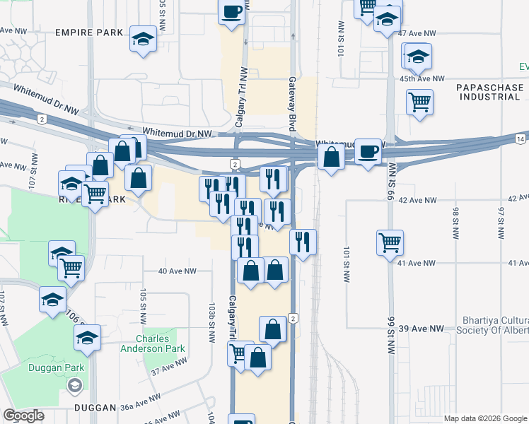 map of restaurants, bars, coffee shops, grocery stores, and more near 4212 Gateway Boulevard Northwest in Edmonton