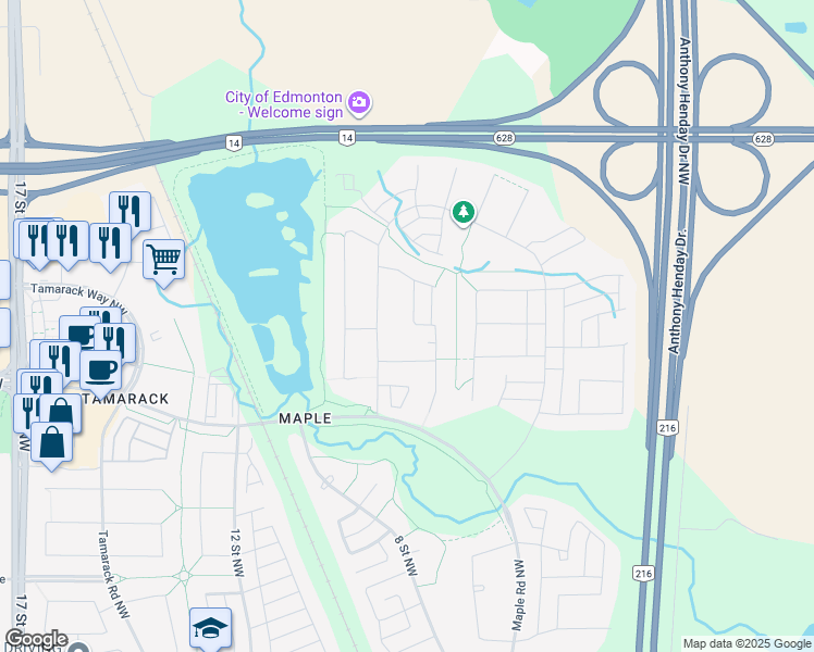 map of restaurants, bars, coffee shops, grocery stores, and more near 636 40 Avenue Northwest in Edmonton