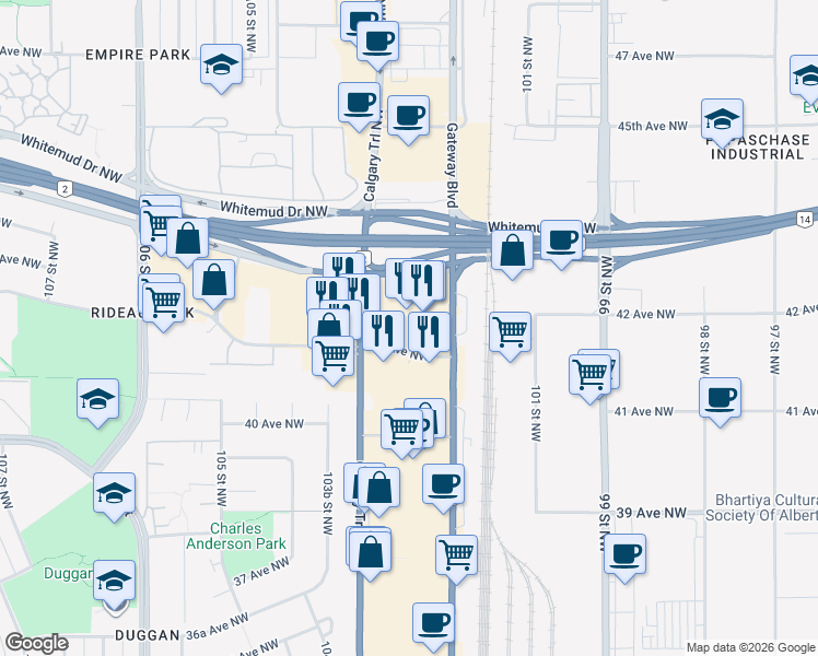 map of restaurants, bars, coffee shops, grocery stores, and more near 4212 Gateway Boulevard Northwest in Edmonton