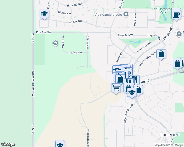 map of restaurants, bars, coffee shops, grocery stores, and more near 209 Street Northwest in Edmonton