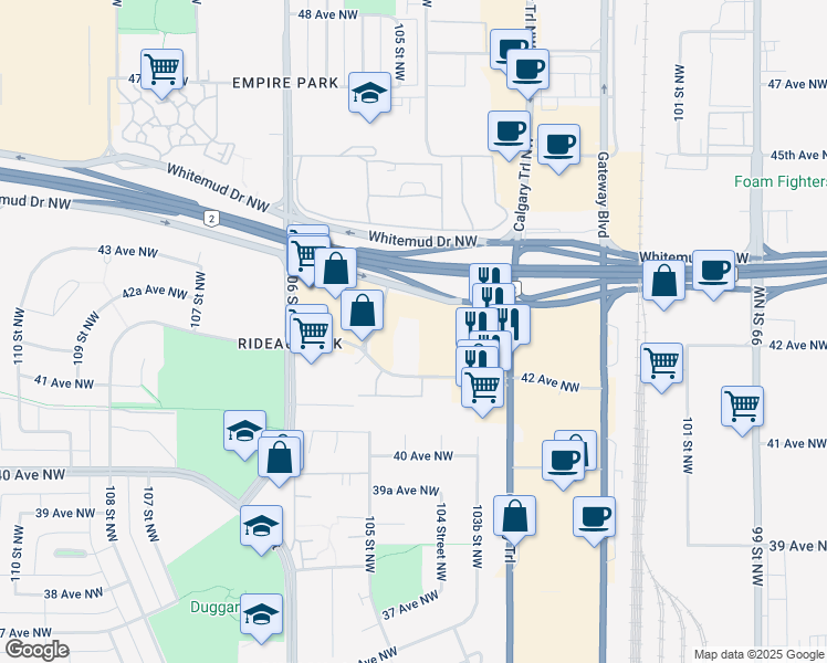 map of restaurants, bars, coffee shops, grocery stores, and more near 10450 42 Avenue Northwest in Edmonton