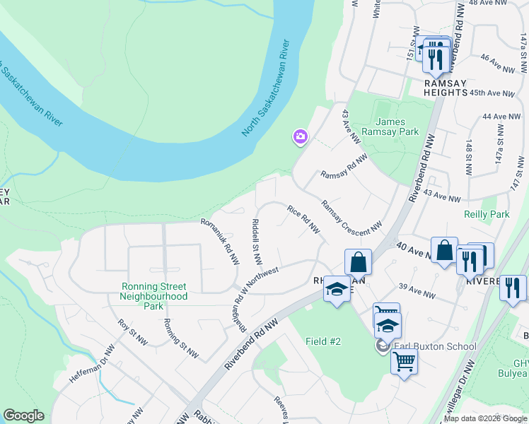 map of restaurants, bars, coffee shops, grocery stores, and more near 965 Rice Road Northwest in Edmonton