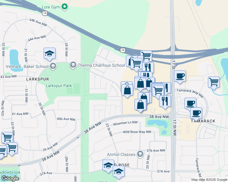 map of restaurants, bars, coffee shops, grocery stores, and more near 4263 23 Street Northwest in Edmonton