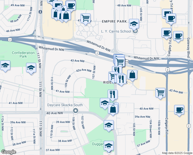map of restaurants, bars, coffee shops, grocery stores, and more near 4208 107 Street Northwest in Edmonton
