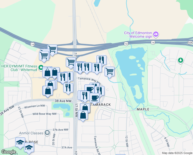 map of restaurants, bars, coffee shops, grocery stores, and more near 813 Tamarack Way Northwest in Edmonton
