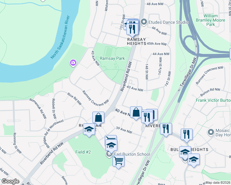 map of restaurants, bars, coffee shops, grocery stores, and more near 4207 Ramsay Crescent Northwest in Edmonton