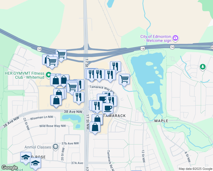 map of restaurants, bars, coffee shops, grocery stores, and more near 813 Tamarack Way Northwest in Edmonton