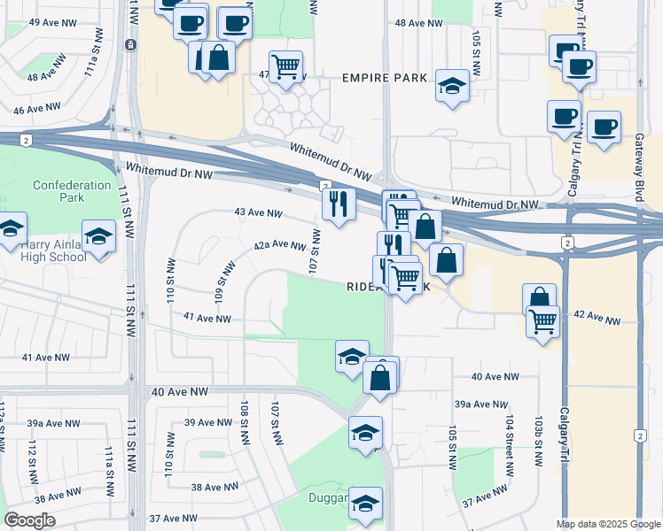 map of restaurants, bars, coffee shops, grocery stores, and more near 10630 42 Avenue Northwest in Edmonton