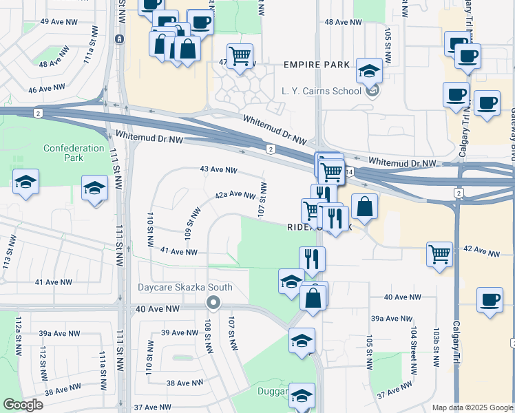 map of restaurants, bars, coffee shops, grocery stores, and more near 4208 107 Street Northwest in Edmonton