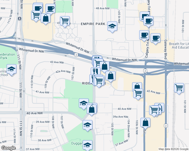 map of restaurants, bars, coffee shops, grocery stores, and more near 4225 106 Street in Edmonton