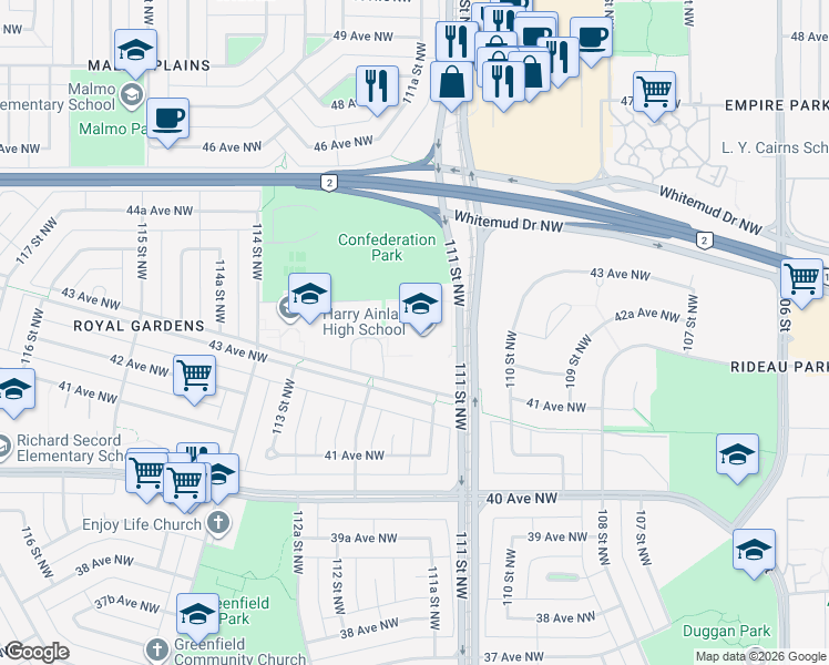 map of restaurants, bars, coffee shops, grocery stores, and more near 4350 111 Street Northwest in Edmonton
