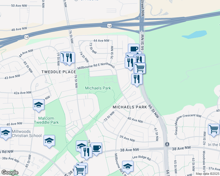 map of restaurants, bars, coffee shops, grocery stores, and more near 980 Millbourne Road East Northwest in Edmonton