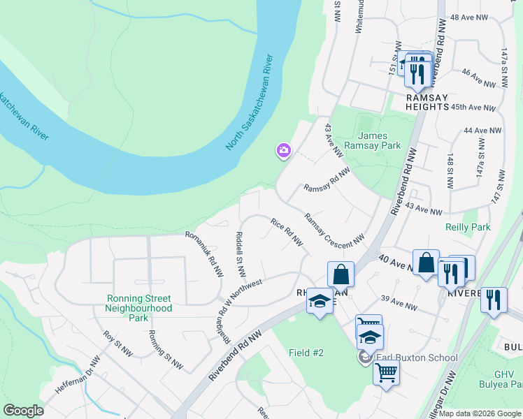 map of restaurants, bars, coffee shops, grocery stores, and more near 965 Rice Road Northwest in Edmonton
