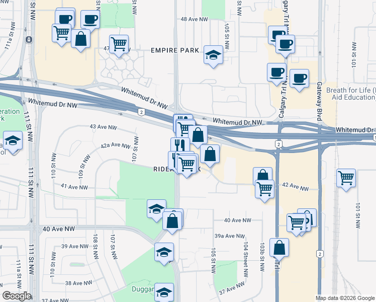 map of restaurants, bars, coffee shops, grocery stores, and more near 4225 106 Street in Edmonton