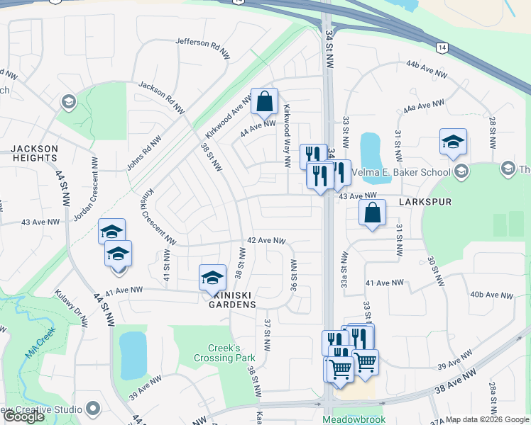 map of restaurants, bars, coffee shops, grocery stores, and more near 3620 42A Avenue Northwest in Edmonton