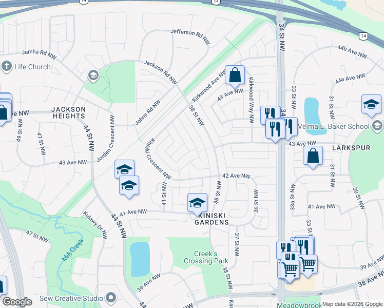 map of restaurants, bars, coffee shops, grocery stores, and more near 385 Kirkpatrick Crescent Northwest in Edmonton